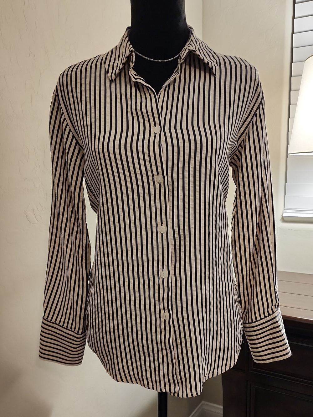 Striped Black and White Button-Down Shirt - Tailored Collared Blouse
